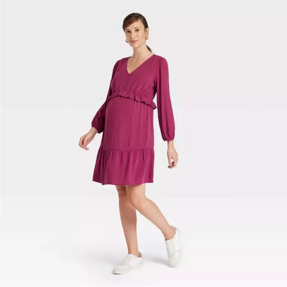 NWT Long Sleeve Ruffle Waist Woven Maternity Dress - Isabel Maternity